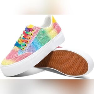 Glitter Platform Sneakers, Casual Sequin Sparkly Shoes Bling Thick Sole, 9